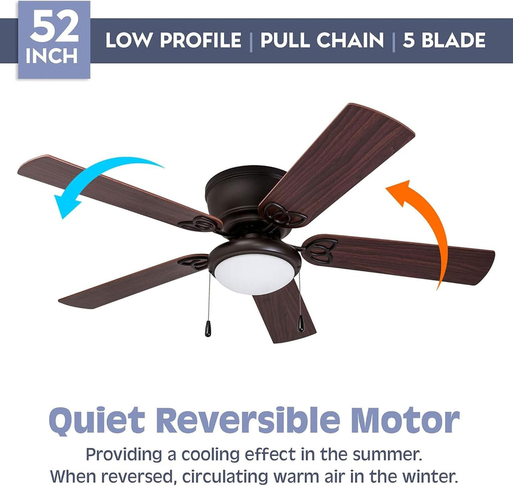 Benton Traditional 52 Inch Ceiling Fan with Light, LED Flush Mount Ceiling Fan, Indoor Fan with 5 Blades