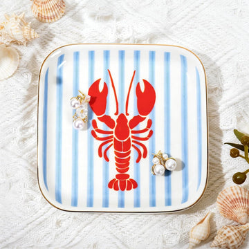 Crawfish Square Ring Dish Summer Crayfish Stripe Ceramic Jewelry Tray Watercolor Red Blue Lobster Trinket Dish