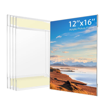 12x16 Acrylic Picture Frame, Clear Frameless Photo Frame for Wall Mount, No Drilling Picture Frames with Tape, Pack