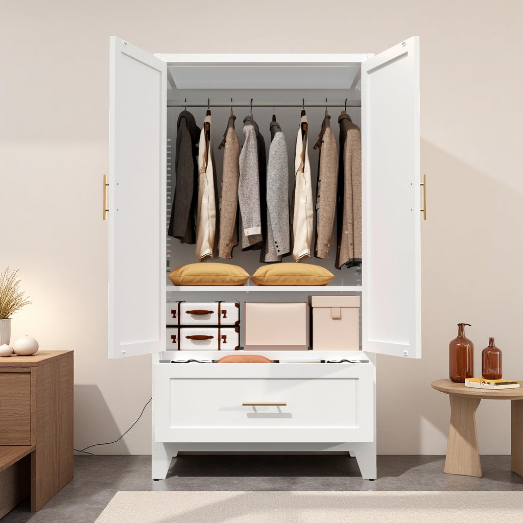 60.16'' Metal Armoire Wardrobe Closet with 1 Drawer, Freestanding Clothing Storage Cabinet with Doors and Adjustable