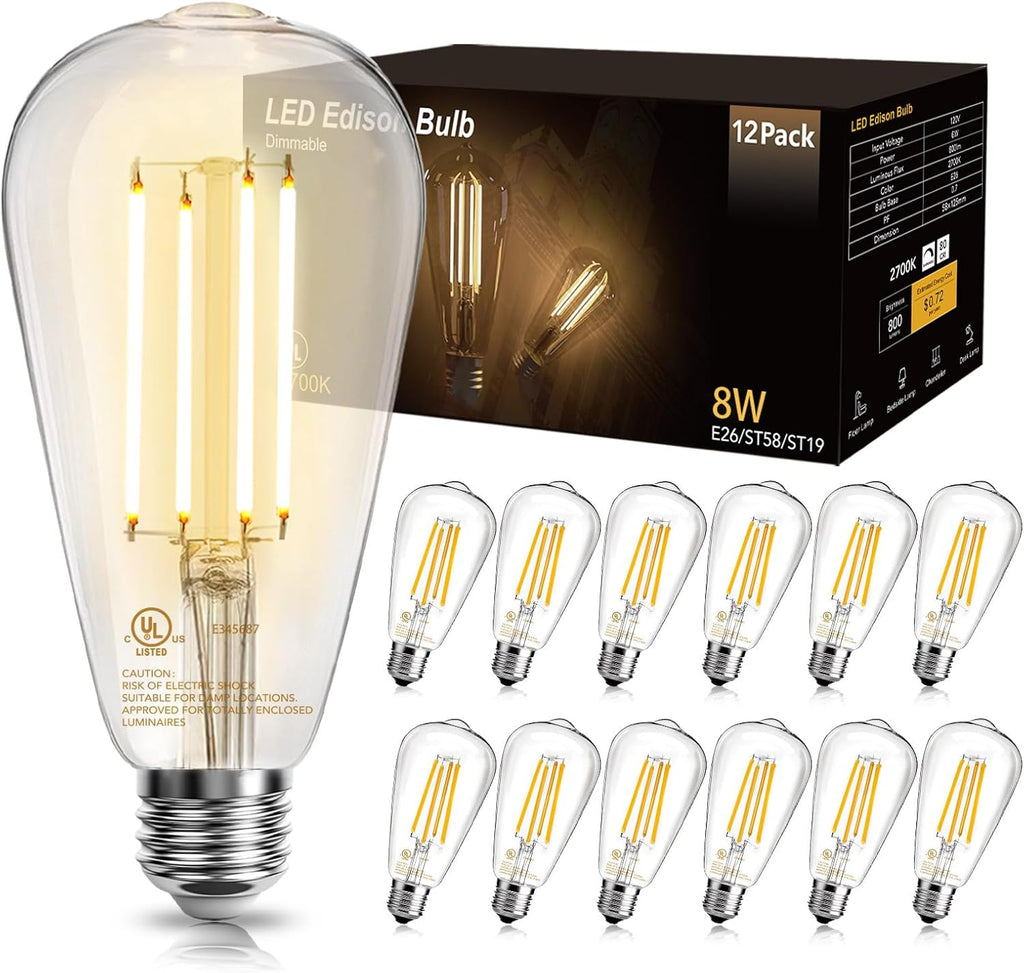 12 Pack Vintage LED Edison Bulbs, E26 Dimmable LED Bulb, 60 watt Equivalent, ST58 Antique Filament Light Bulbs with