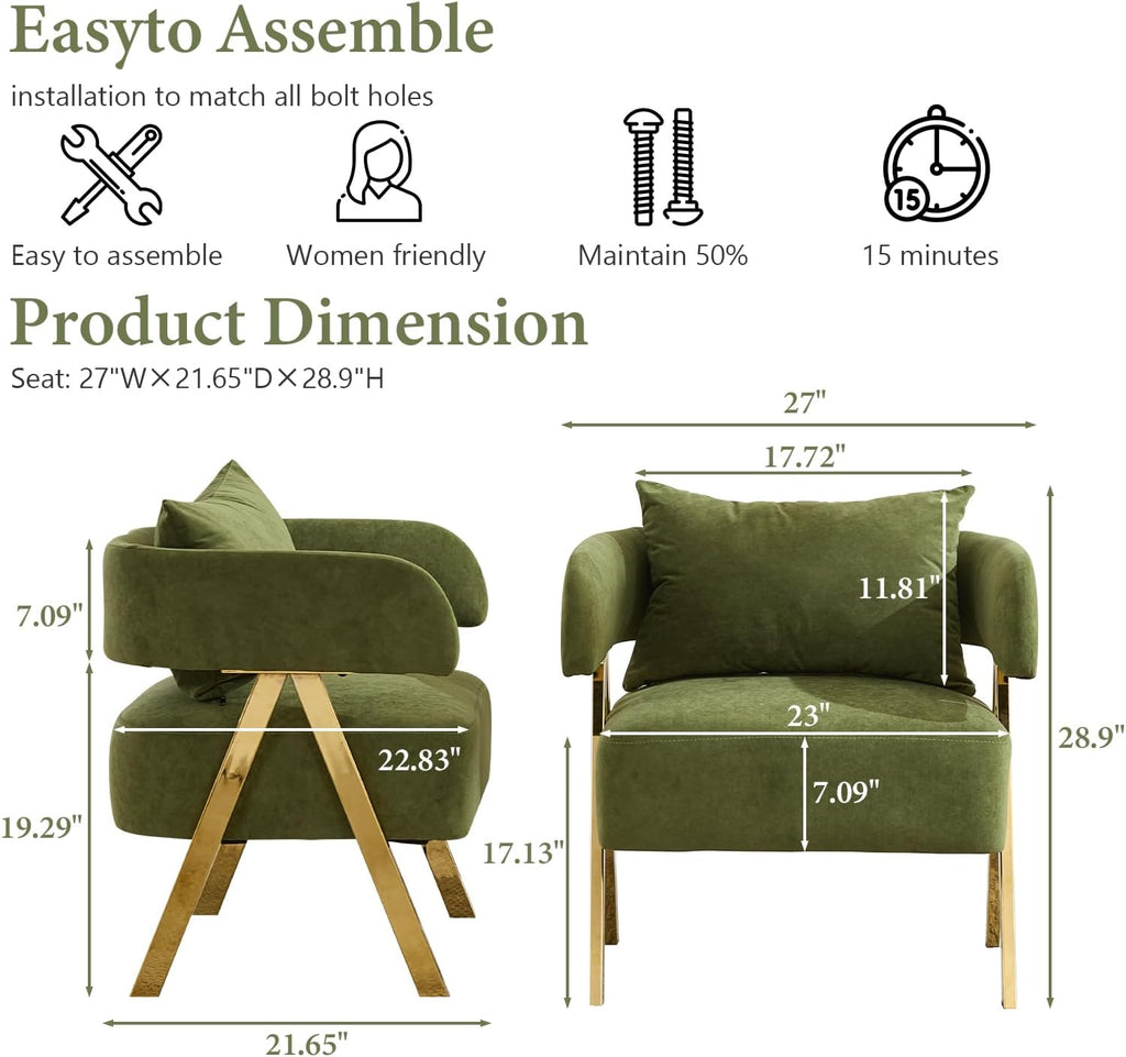 Modern Green Accent Chairs Set of 2, Velvet Barrel Accent Chair Bedroom, Comfy Reading Armchairs (2, Green)