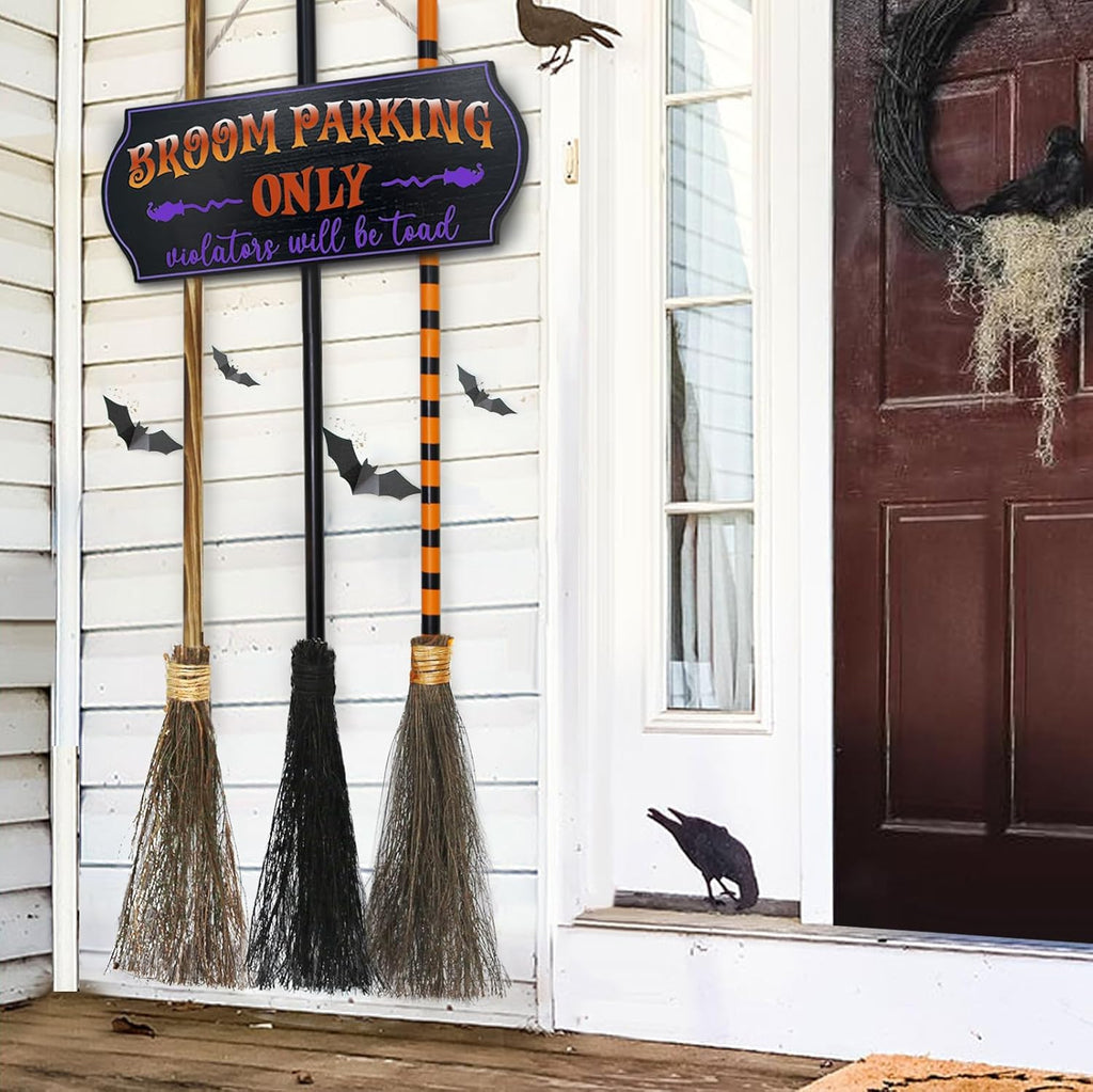 Halloween Decorations - Broom Parking Sign with 3 Wooden Witches Brooms - Set of 4
