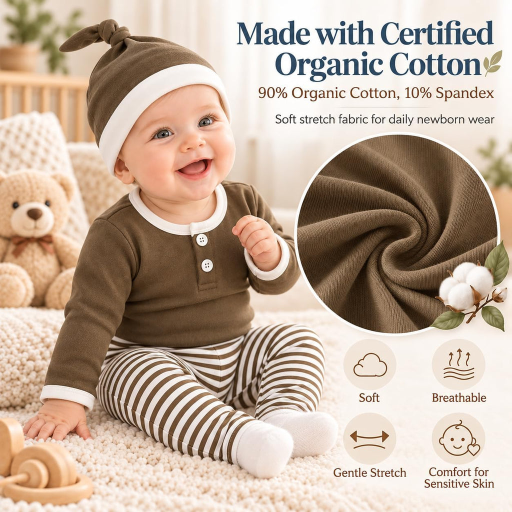 Organic Cotton Newborn Baby Boy Clothes 3PCS Romper Pants Hat Set