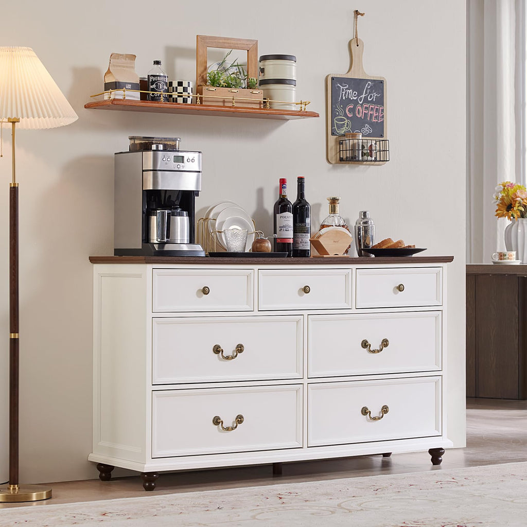 Farmhouse 7 Drawers Sets of 2, White 54 Inch Wide Chest of Drawers w/ 4 Wooden Legs, Large Vintage Rustic Closet
