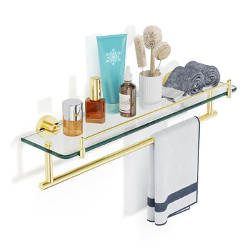 20 Inch Brushed Gold Bathroom Towel Rack with Tempered Glass Shelf, Wall Mounted Towel Holder Storage Organizer