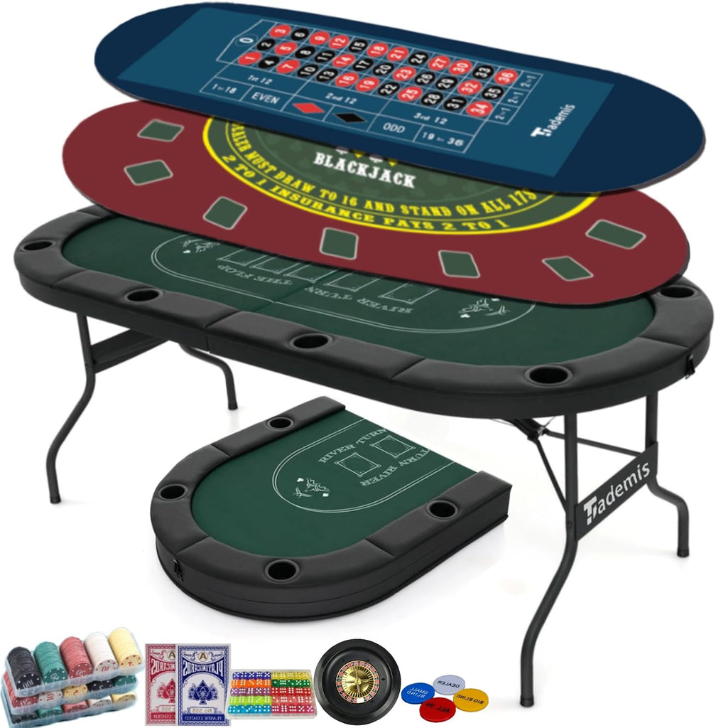 8 Player Foldable Poker Table Top 4-in-1 Casino Game Set for Texas Hold'em, Blackjack, Hi-Lo Dice & Roulette
