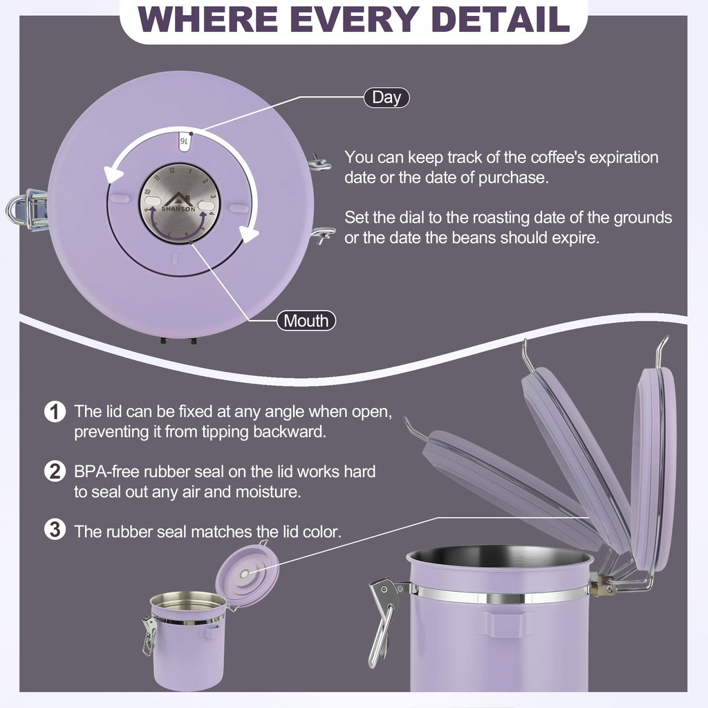 Coffee Canister Airtight, Stainless Steel Bean Storage Container with Date Tracker & Scoop, Grounds Sugar Flour Tea