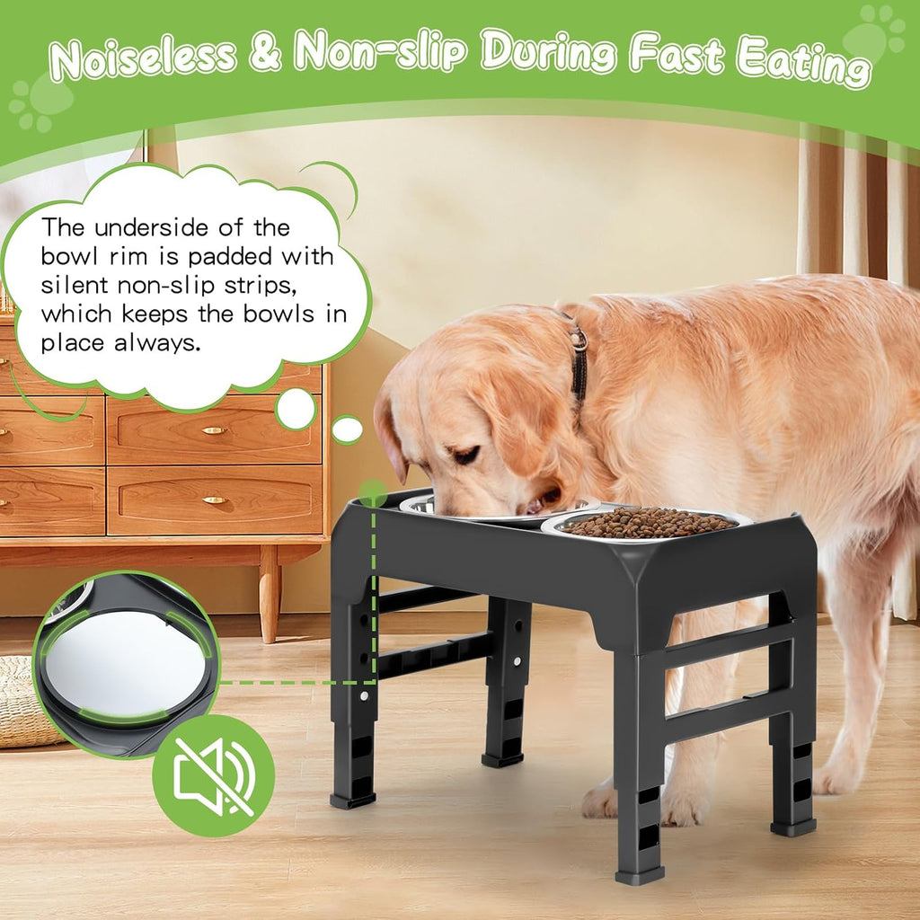 Elevated Bowls with Adjustable Heights - Raised Stand with 2 Stainless Steel Food Bowls, Non-Slip Foldable Feeder