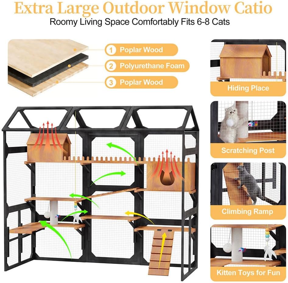 Large Outdoor Cat Enclosure Catio with Platforms & Bridges, 107" Wooden Cat House with Waterproof Roof, Walk-in Cat