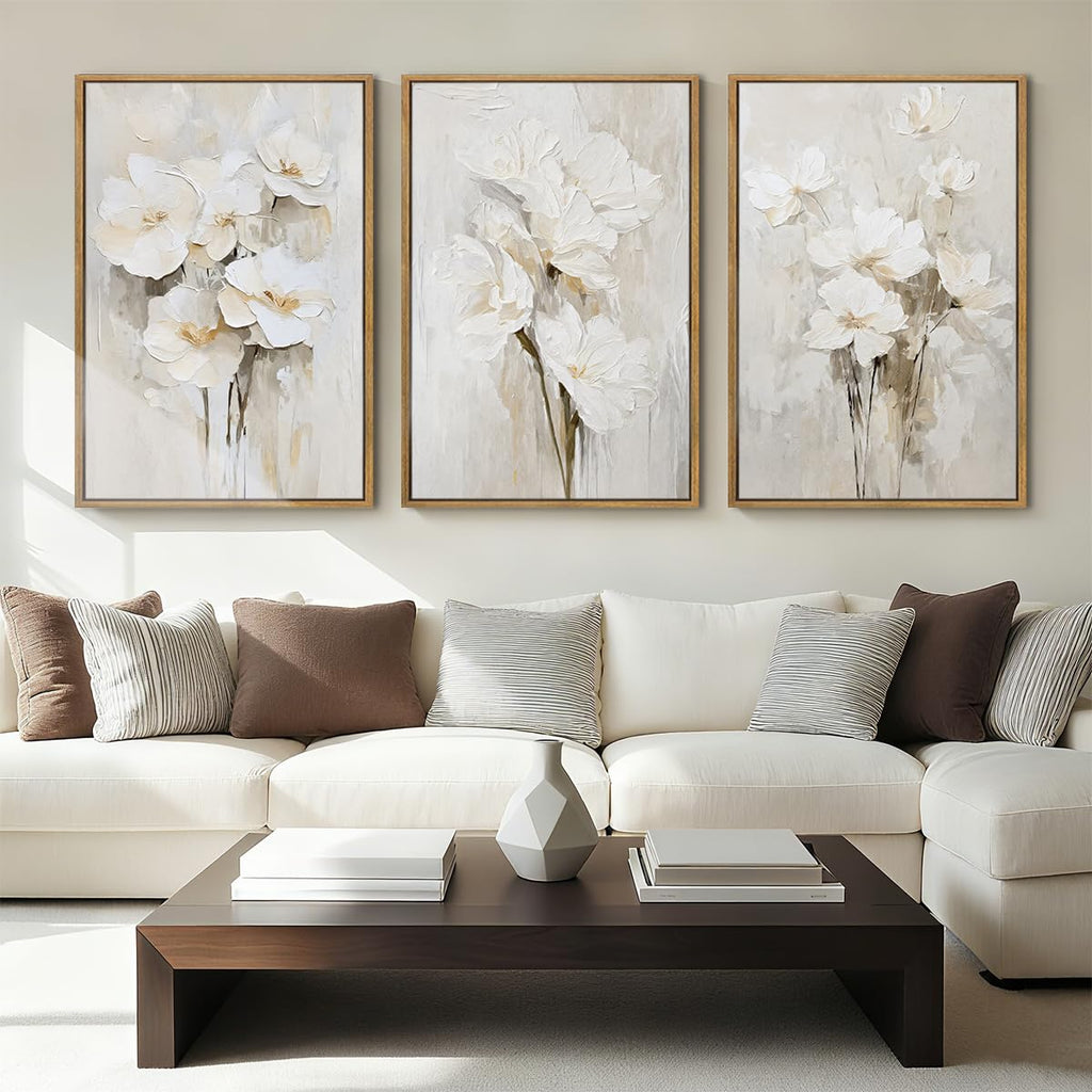 Framed Neutral Beige Floral Wall Art Large 16x24 Inch White Cream Flower Canvas Wall Decor Modern Botanical Farmhouse