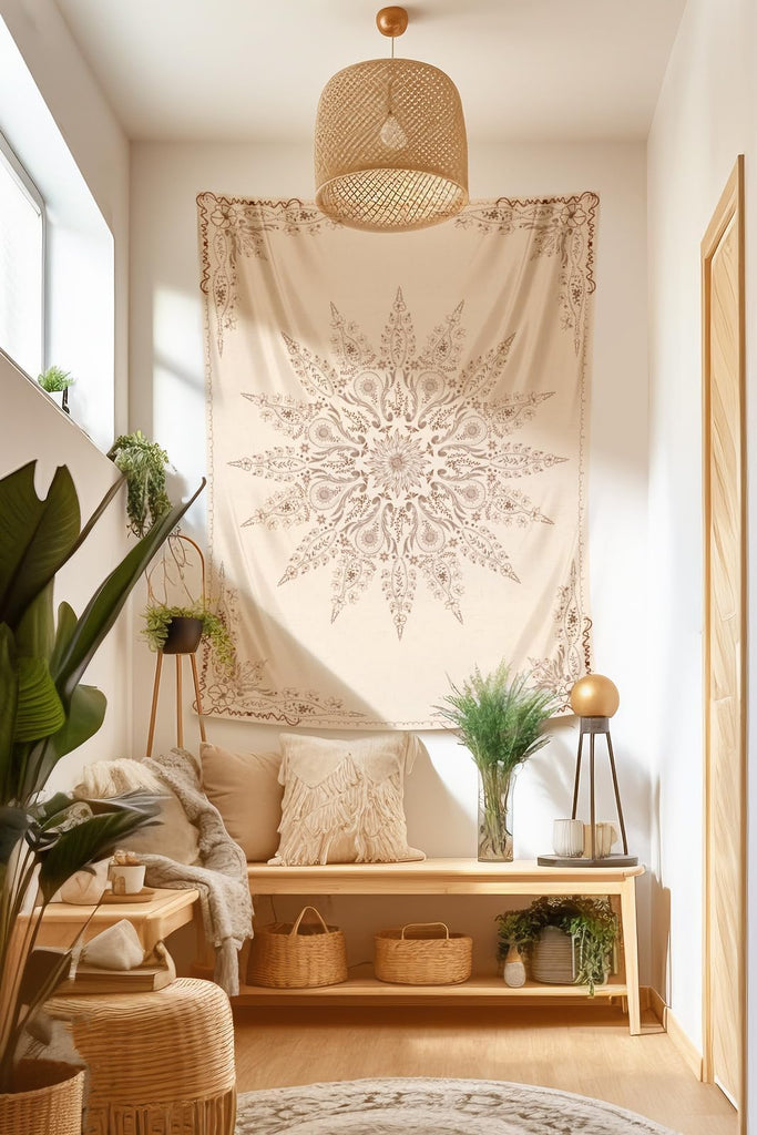 Floral Tapestry Wall Hanging Cute, Boho Wall Tapestry Aesthetic, Mandala Living Room Decor for Teen Girls (Flaxen