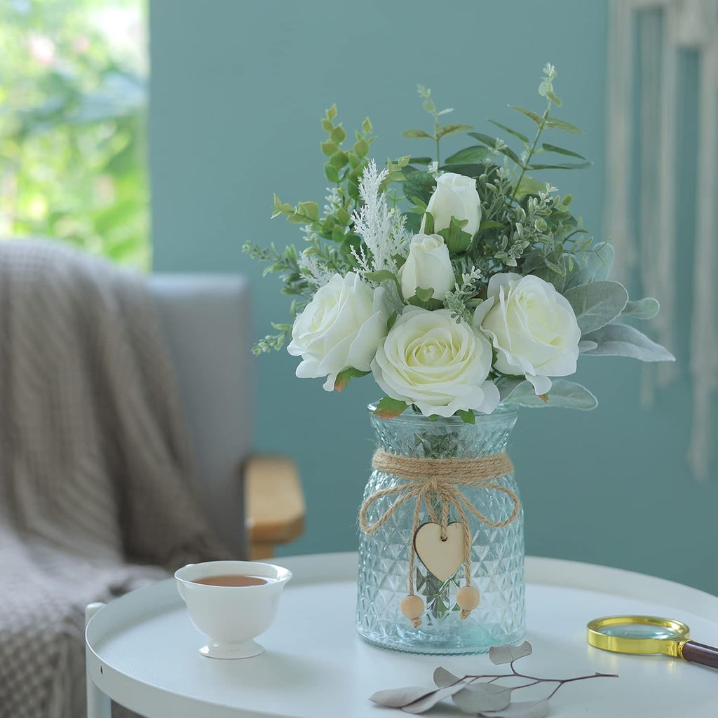 14.5" Faux Flowers with Vase,Artificial Silk Roses in Vase(White) | Realistic Fake Plant Faux Eucalyptus,Flower