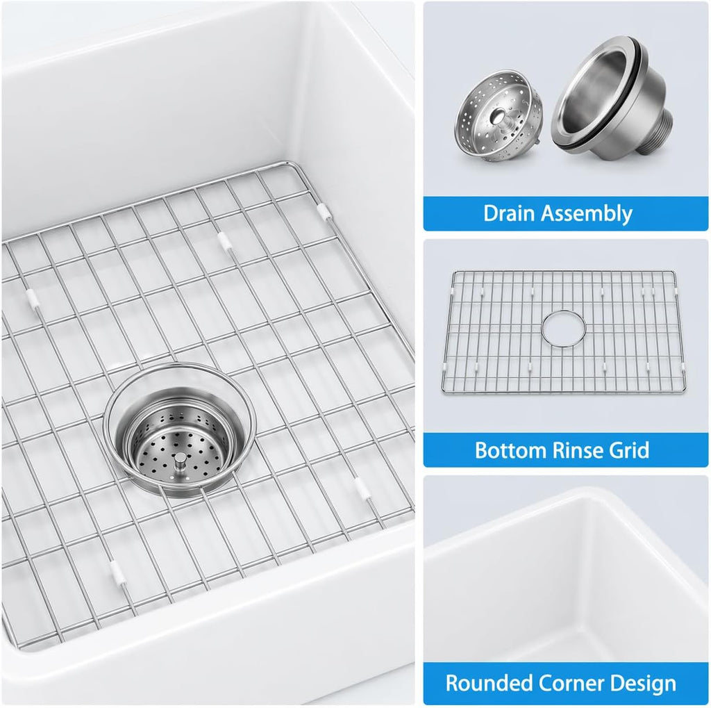 Farmhouse Kitchen Sink 36"x18"x10", Large Deep White Fireclay Single Bowl, Apron Front, Durable & Easy-Clean Ceramic
