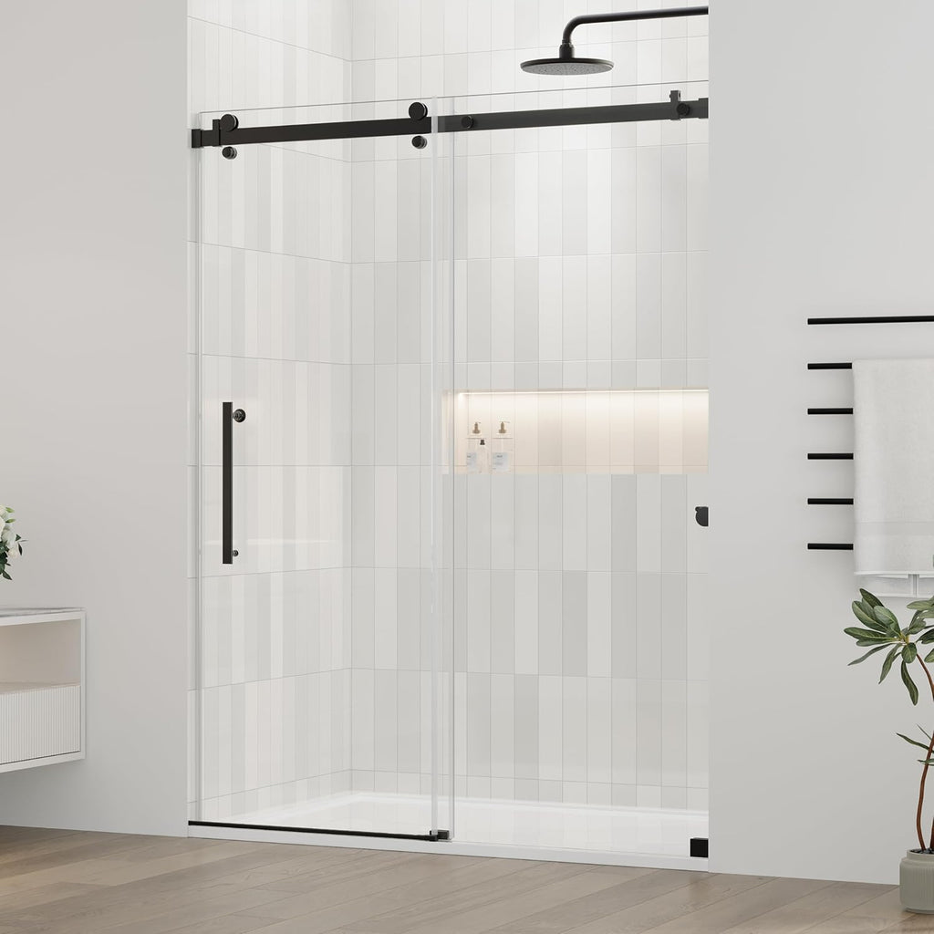 44-48.in W x 72.in H Frameless Shower Door, Water Repellent Black Shower Door with 1/4" (6mm) Clear Tempered Glass