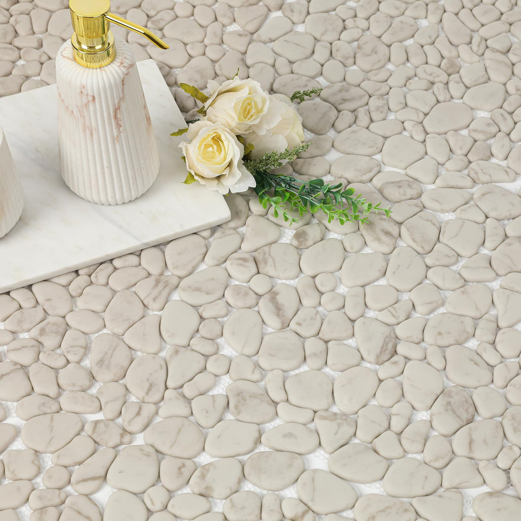 Beige Pebble Mosaic Tile, 12"X12" Pebble Floor Tiles, 8 Sheets