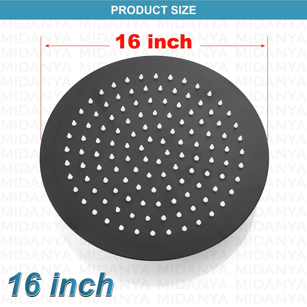 Round Rain Shower Head, High Pressure, Matte Black 16 Inch