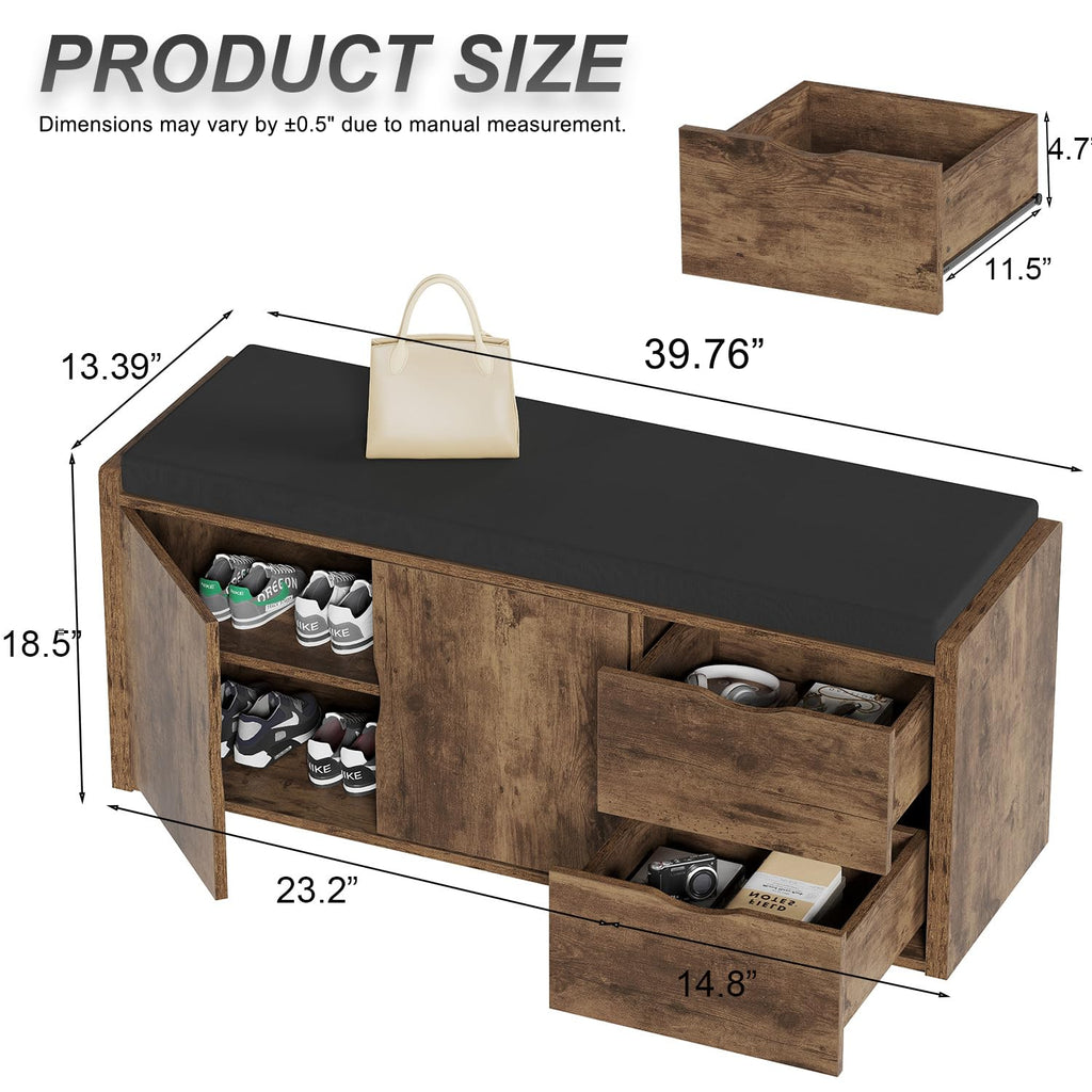 Entryway Shoe Bench, Rustic Storage Bench with Cushioned Seating