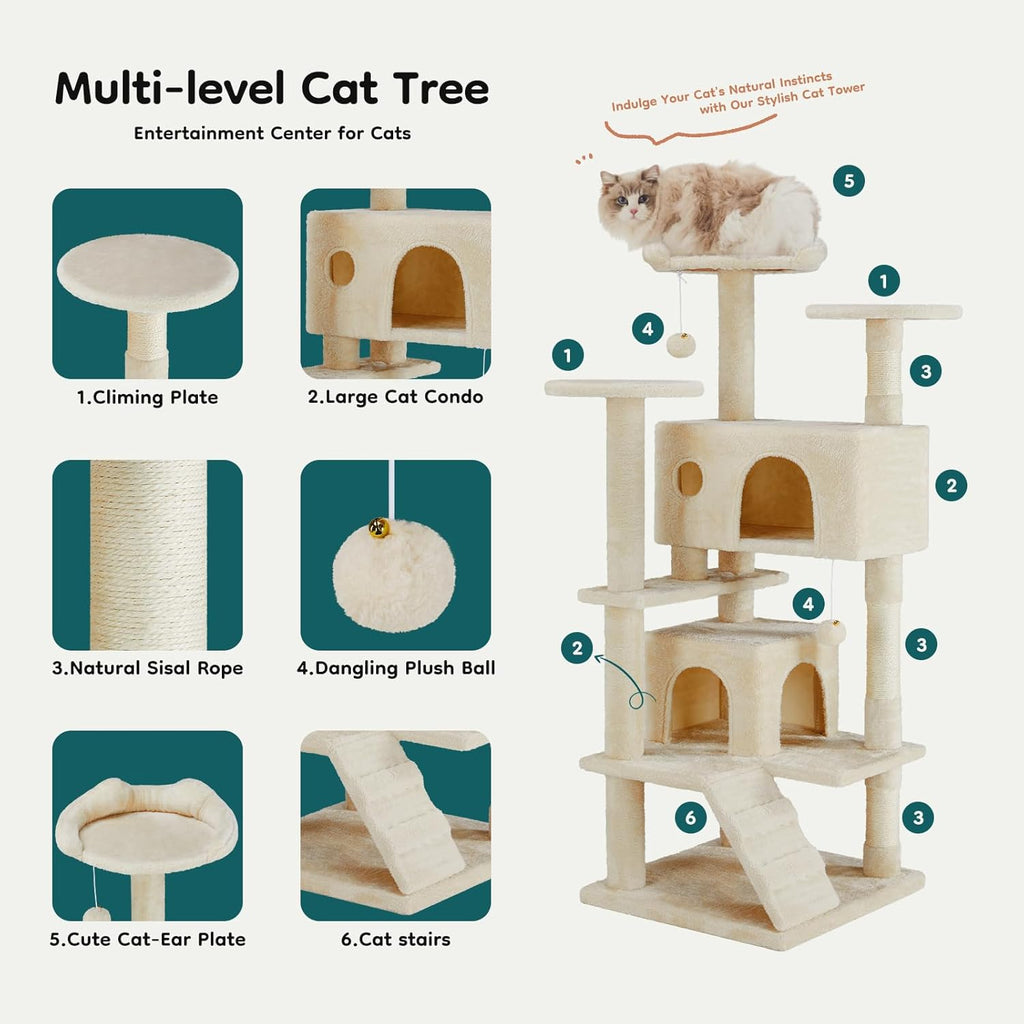 54-inch Indoor Cat Tree Tower - Multi-Level Pet House for Large Cats with 2 Condos, Scratching Posts, Round Platform