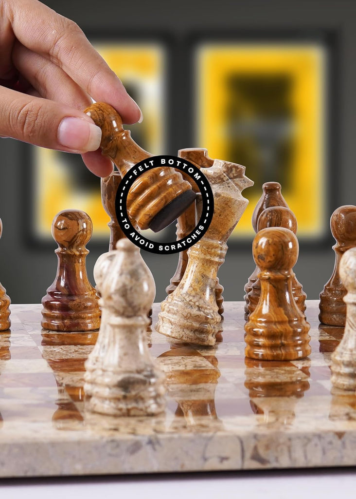Handmade Fossil Coral and Dark Brown Marble Full Chess Game Original Marble Chess Set