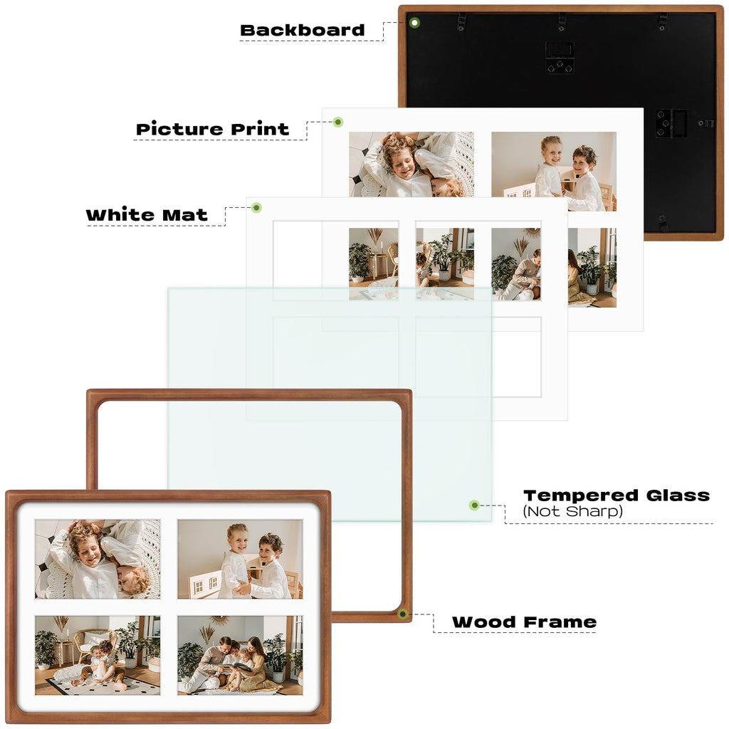 4x6 Collage Picture Frame, Solid Wood & Real Glass, 4 Photos