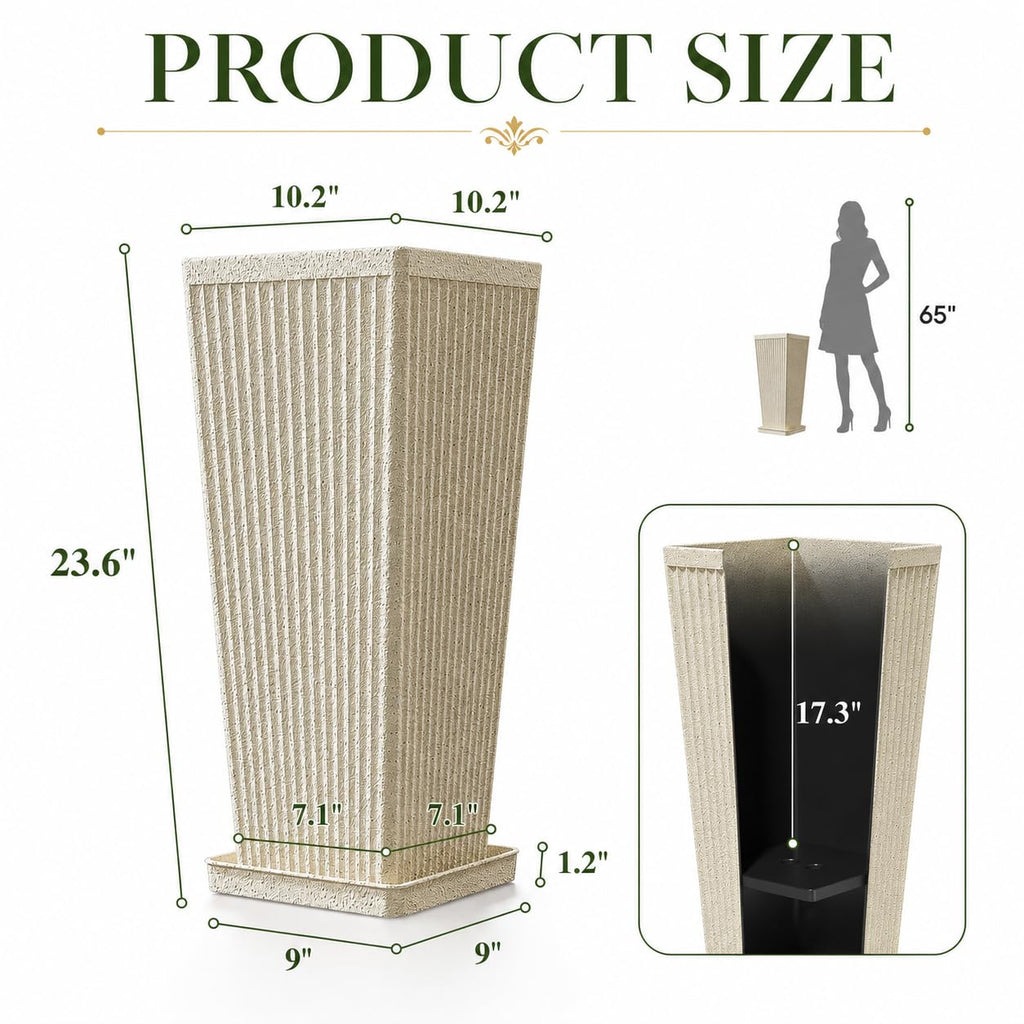 24" Tall Planters for Outdoor Plants Set of 2 Square Fluted, Beige