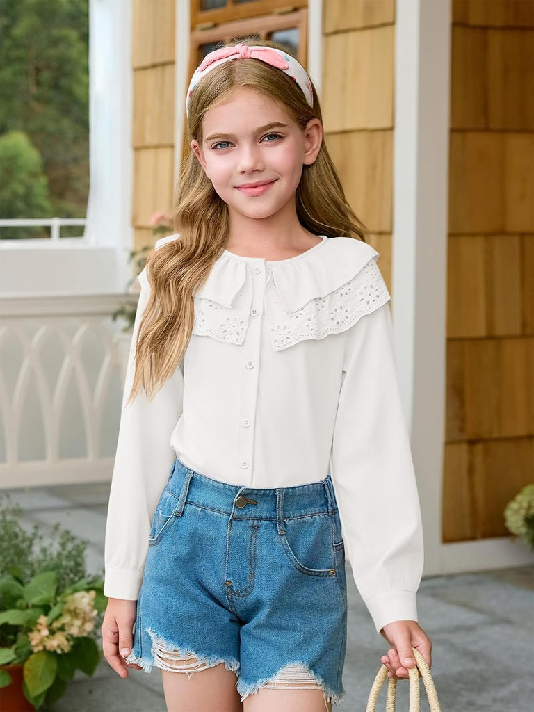 Girls Eyelet Ruffle Collar Blouse Kids Long Sleeve Button Down Shirt Cute Uniform Tops