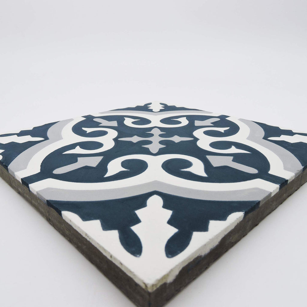 Argana Handmade Cement Tile, 8" x 8", Grey White Blue