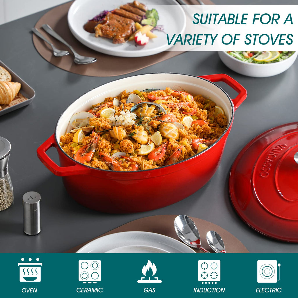 9.3 Qt Oval Enameled Cast Iron Dutch Oven with Lid, Red