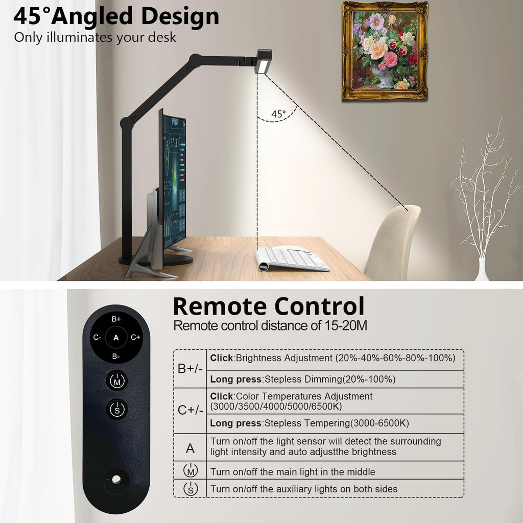 Architect Desk Lamp with Remote Control, Adjustable Led Desk Light with Base, 24W Bright Auto Dimming Table Light