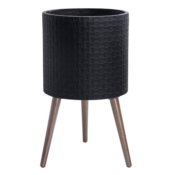 Planter Pot with Wood Stand, 14 in, Matte Black