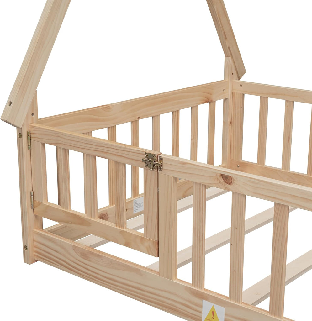 Twin Floor Bed for Kids Tent-Shaped Montessori Floor Bed with Slats and Guardrails Twin Size Wood Teepee Bed Frame