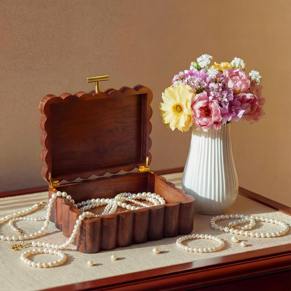 Scalloped Wooden Jewelry Box Trinket Organizer with Lid 7.25 x 10 x 3.88 Inches Fan Shaped Decorative Storage Box