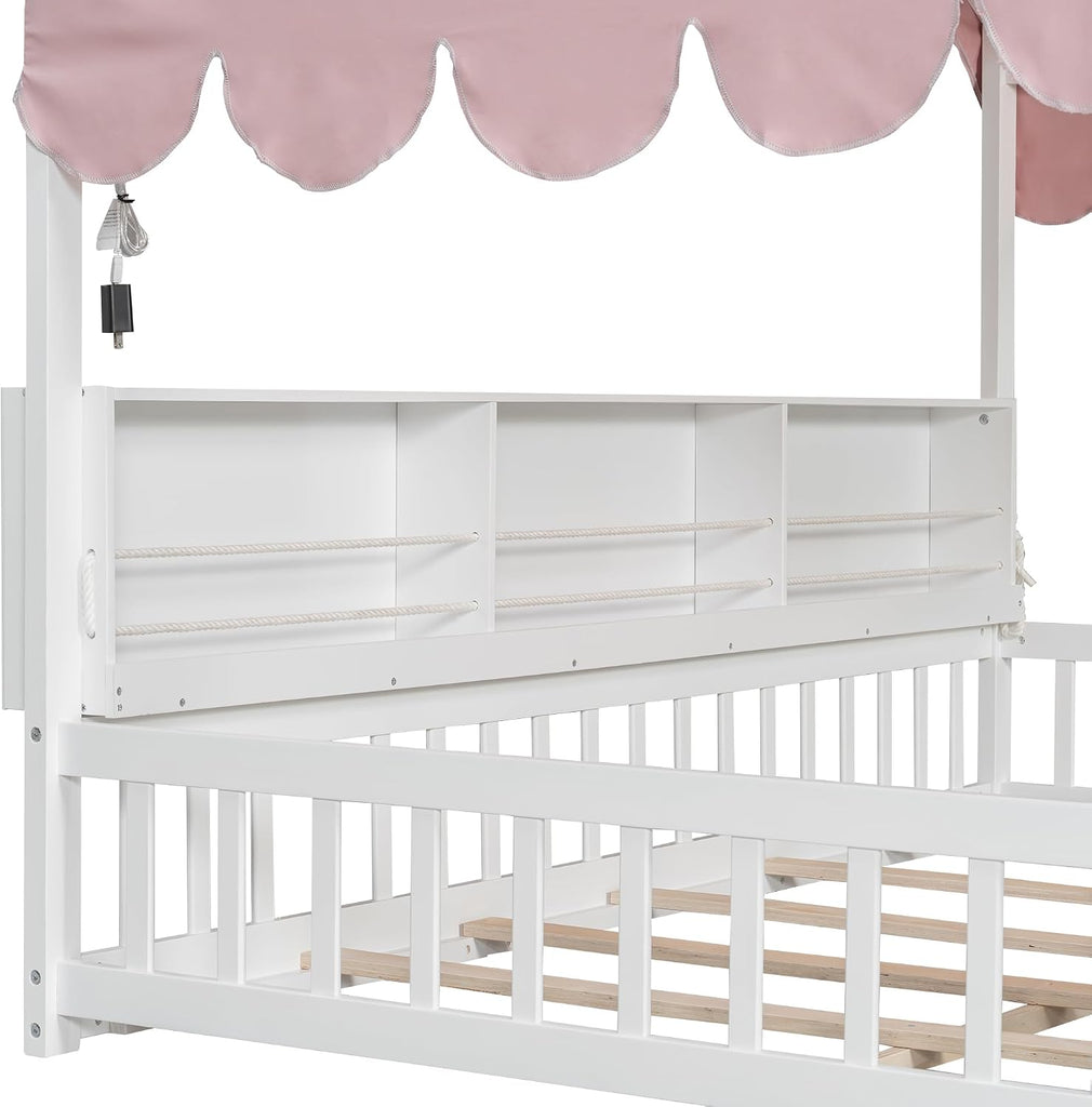 Montessori Floor Bed for Kids Toddler, House Shaped Kids Bed Frame with Safety Guardrail, Curtain &