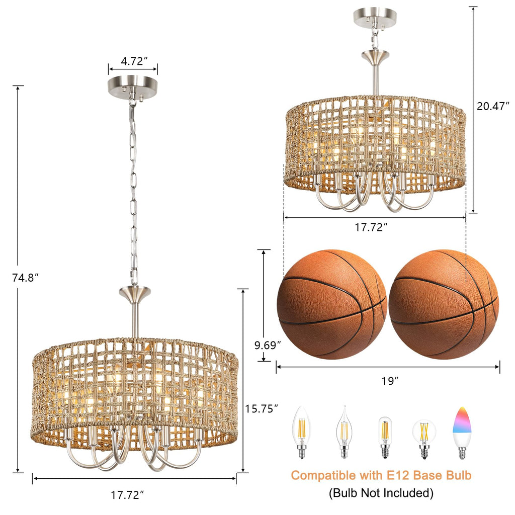 17.7" Brushed Nickel Rattan Chandelier, 6-Light Boho Wicker Light Fixture