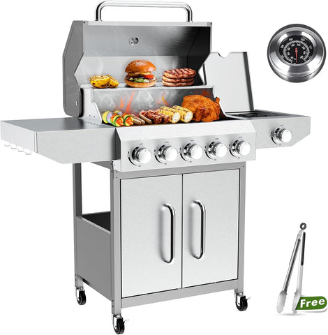 5+1 Burner Propane Gas Grill, 68,000 BTU Stainless Steel BBQ with Cast Iron Grates, Side Burner, 647 Sq. In. Cooking Area and Oil-Drain Plates for Outdoor Cooking