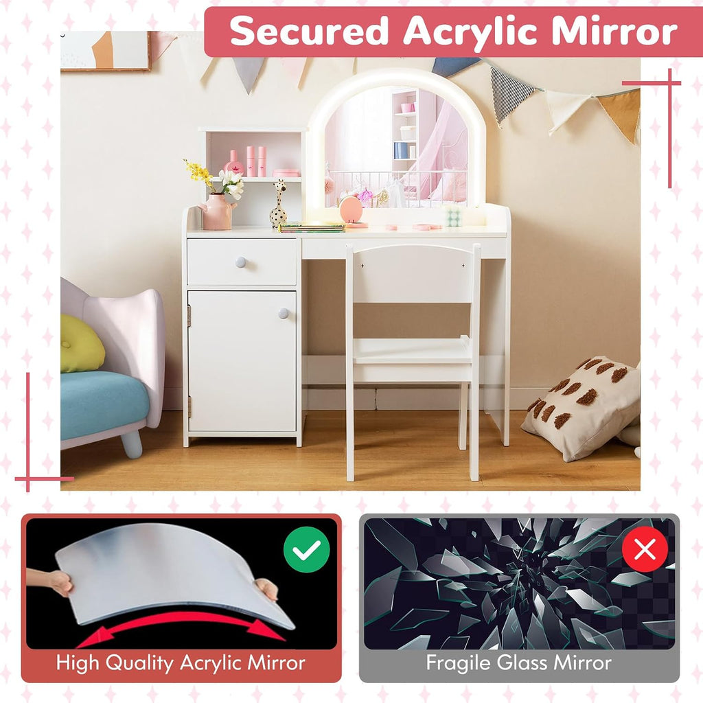 Kids Vanity Table and Chair Set with LED Lighted Mirror (White)