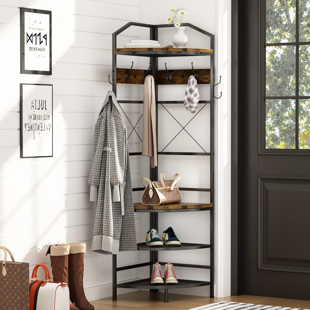 Corner Coat Rack with Storage, Entryway Corner Hall Tree with Shoe Bench and 10 Metal Hooks, Farmhouse Clothes Rack