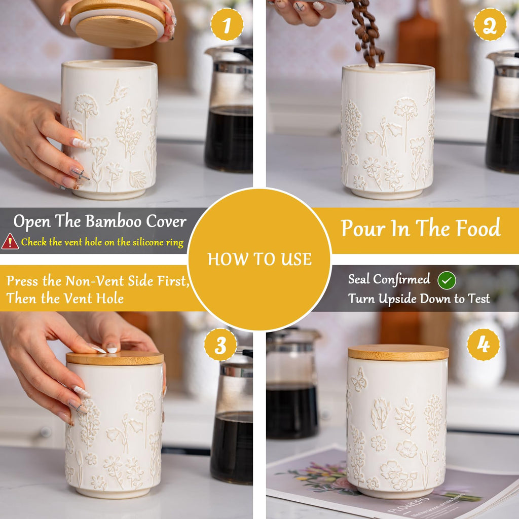 Embossed Ceramic Canister with Airtight Lid, 23oz Decorative Storage Jar for Coffee, Tea, Sugar, Flour & Cookies