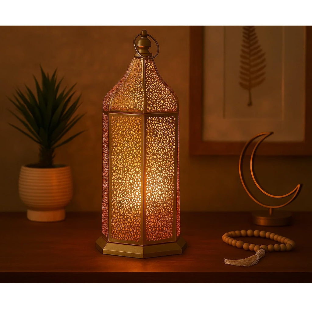 16" Champagne Gold Moroccan Decorative Candle Lantern - Metal Hexagon Lantern for Table or Hanging, Ramadan Turkish