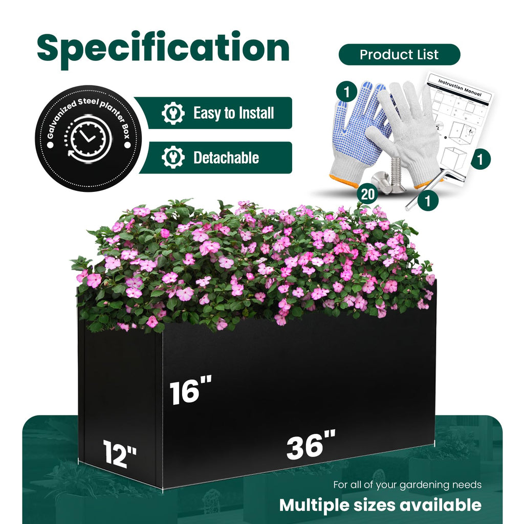 Black Planter Box 36" L x 12" W x 16" H, Rectangular Metal Planter