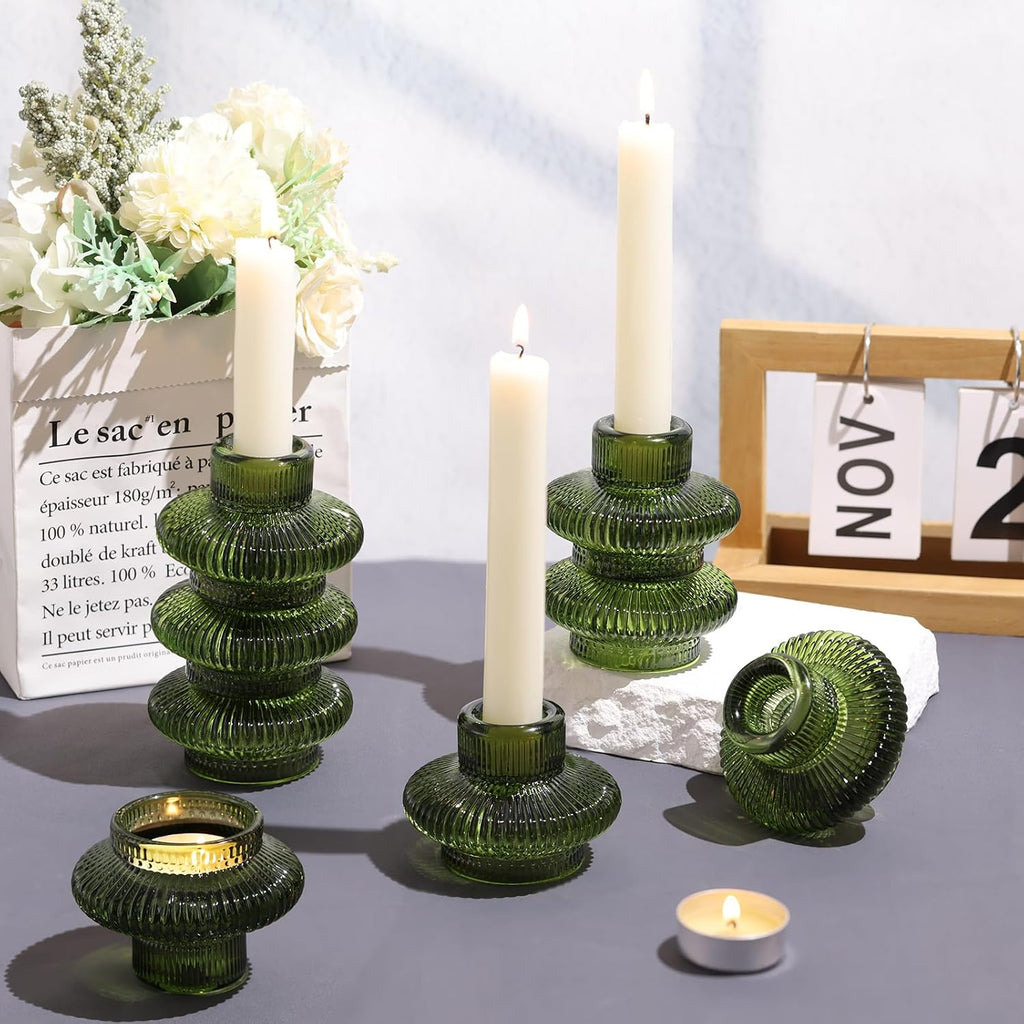 Green Taper Candle Holders Set of 10 for Taper Candles/Tea Lights, Ribbed Glass Candlestick Holders for Boho Wedding
