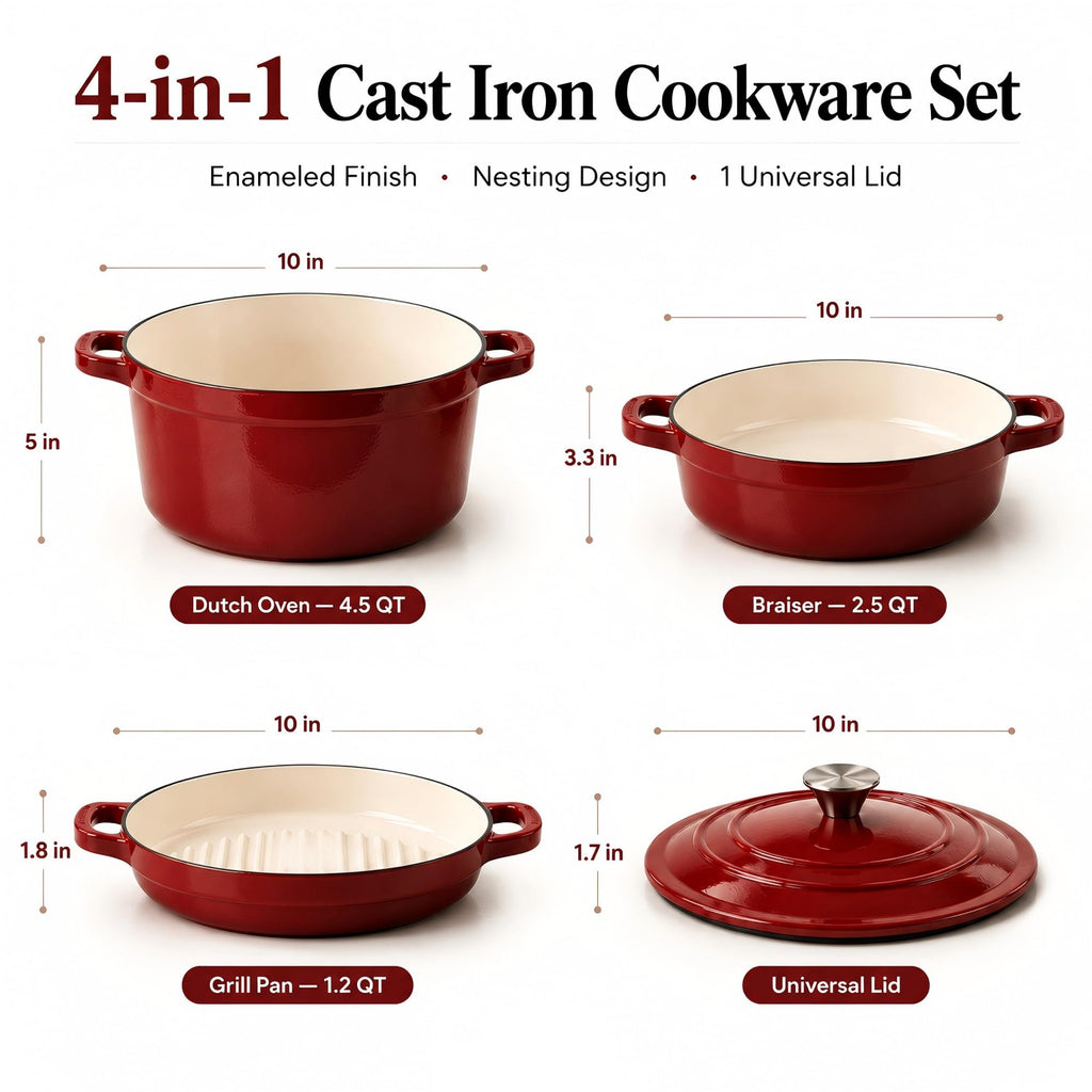 Enameled Cast Iron Dutch Oven Set - 4-Piece 1.3/2.6/4.8Qt Pot with Lids