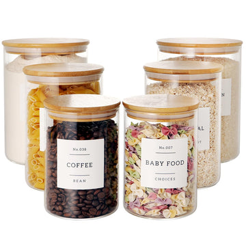 Set of 6 Glass Flour and Sugar jars with 132 Kitchen Pantry Labels - Thicken Large Glass Storage containers