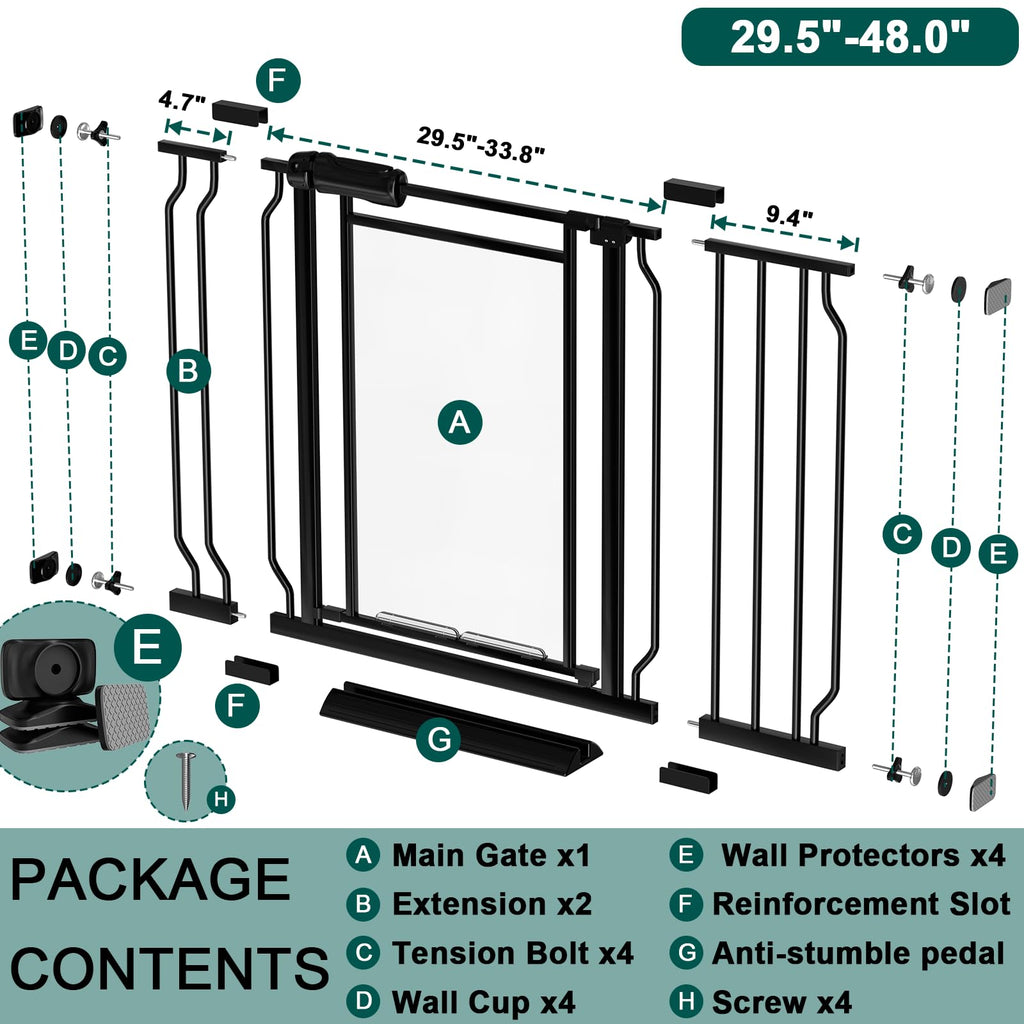 29.5-48 Inch Wide Triple Lock Clear Baby Gate Pressure Mounted