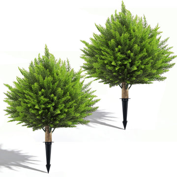 2 Set Artificial Cedar Topiary Ball Trees with Spike, 24" UV Resistant Fake Evergreen Shrubs Plants for Outdoor, Faux