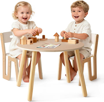 Wooden Kids Table and Chairs, Adjustable Height Toddler Table and Chair Set, Round Kids Desk and Chair Set for Ages