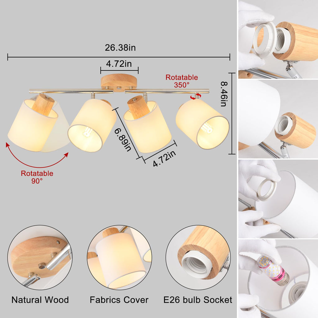 Track Lighting Kit Wooden Ceiling Spotlight Fabric Shades Rotatable