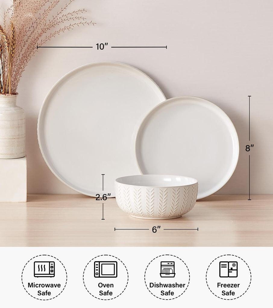 24 Piece Dinnerware Sets for 8 - Farmhouse Style Stoneware Plates and Bowls Sets - Scratch Resistant & Dishwasher