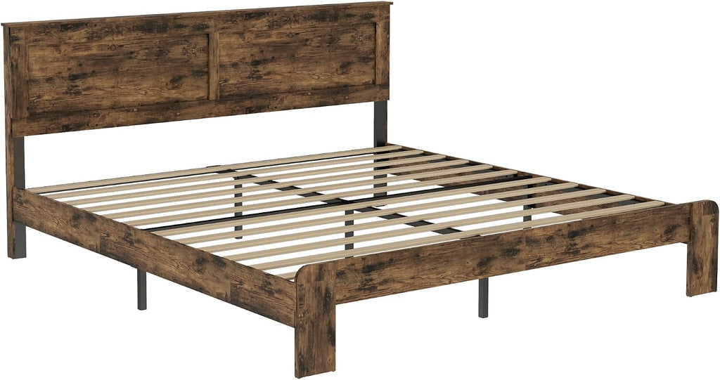 Rustic Vintage King Bed Frame with Headboard,Wooden Platform Bed Frame King with Wood Slats,Easy Assembly,Dark Brown